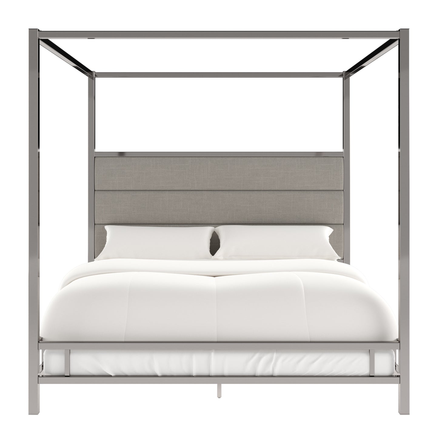 Metal Canopy Bed with Upholstered Headboard - Grey Linen, Chrome Finish, King Size