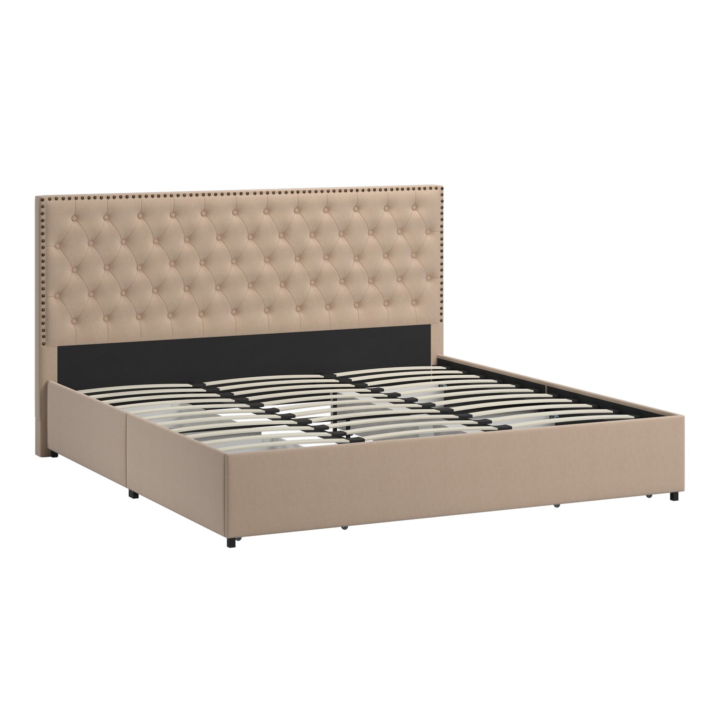 Nailhead Linen Headboard Storage Platform Bed - King Size (King Size)