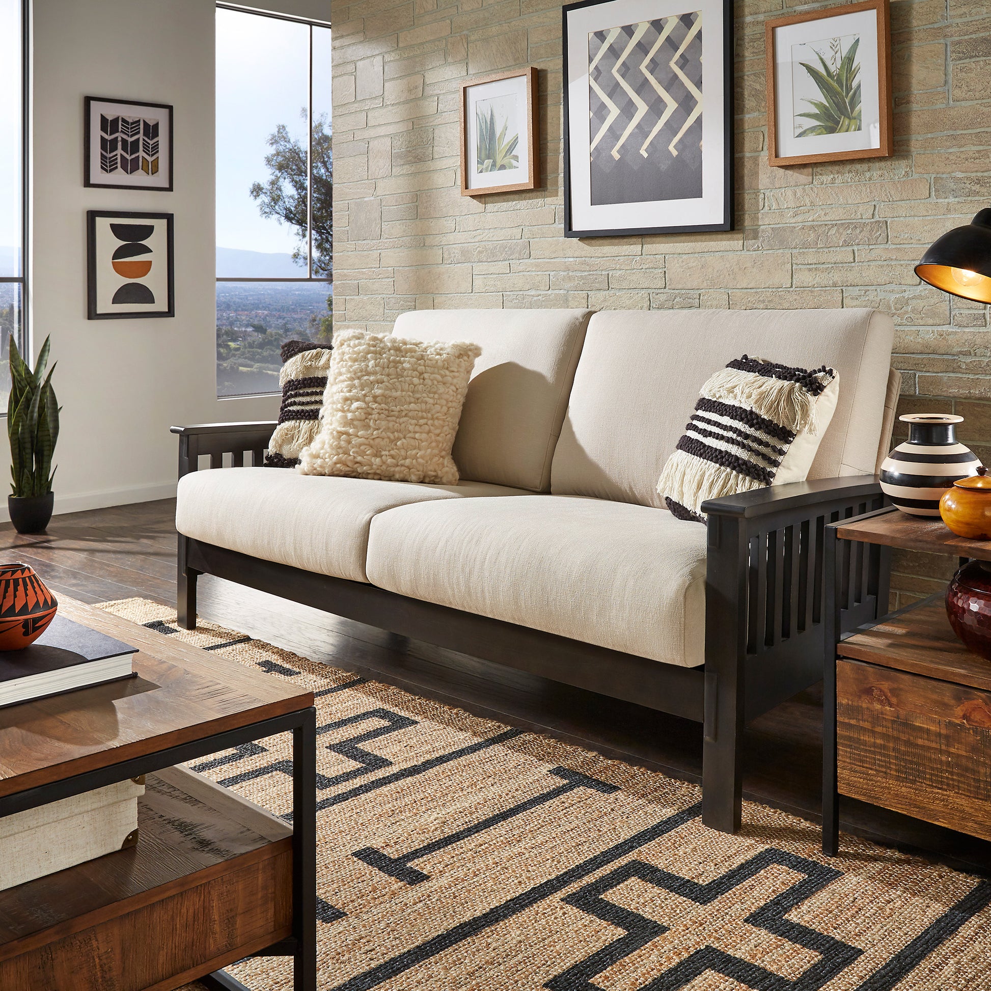 Mission Style Wood Sofa Beige Linen