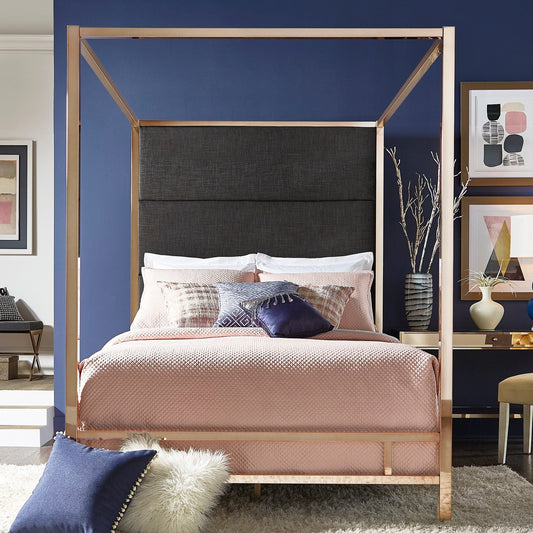 Metal Canopy Bed with Linen Panel Headboard - Dark Grey Linen, Champagne Gold Finish, King Size