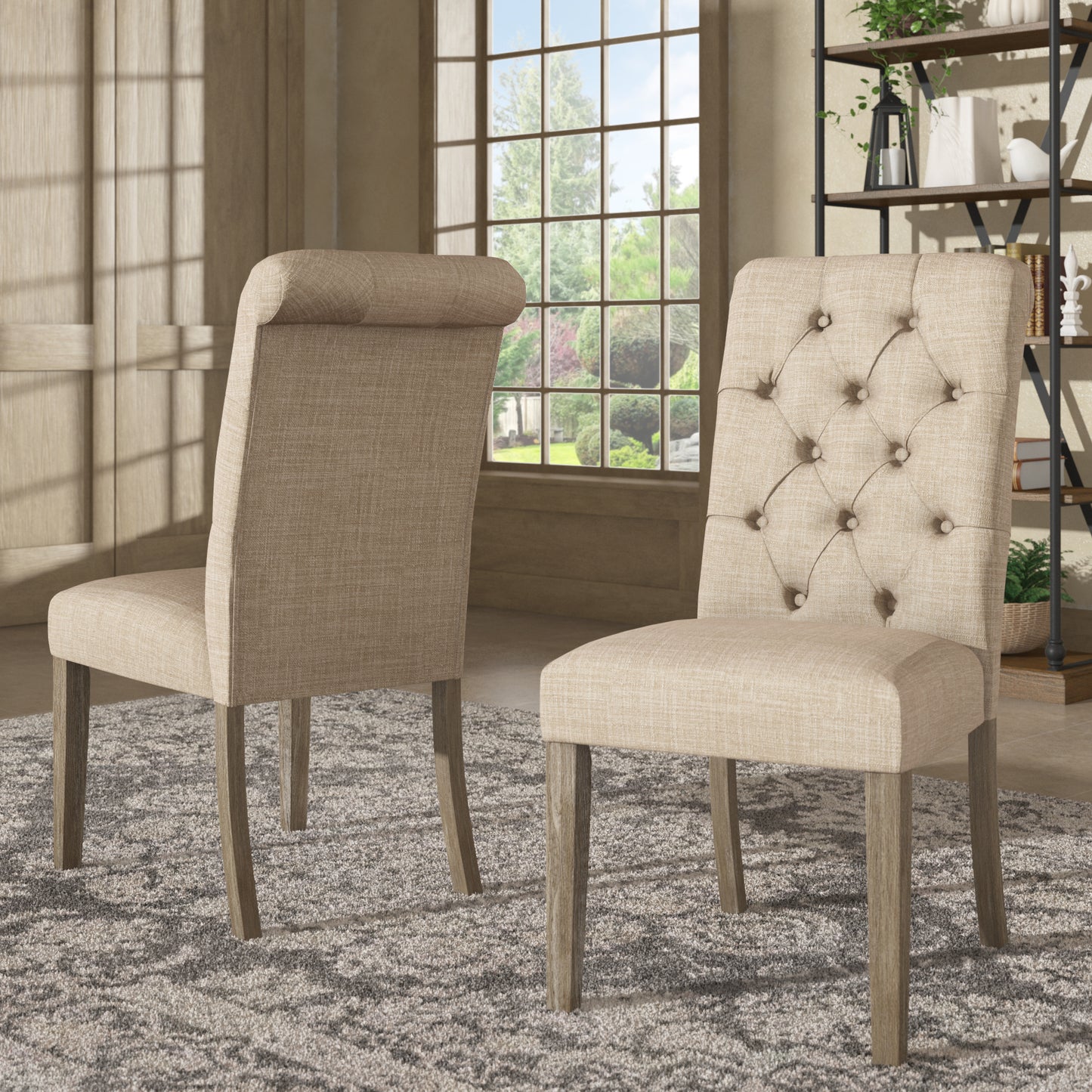 Tufted Rolled Back Parsons Chairs (Set of 2) - Gray Finish, Beige Linan