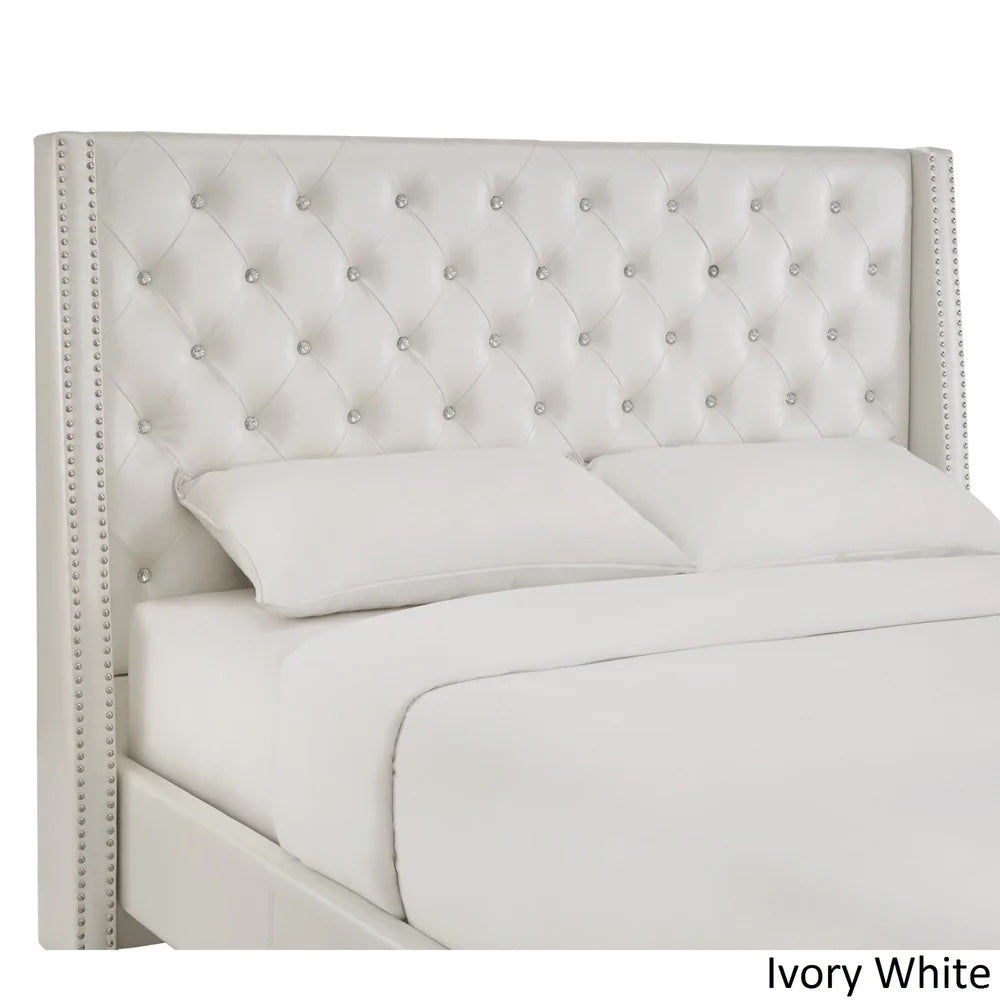 Faux Leather Crystal Tufted Headboard - Ivory White, Full