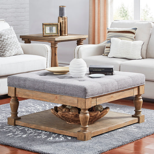 Baluster Pine Tufted Storage Ottoman - Grey Linen, Dimpled Tufts