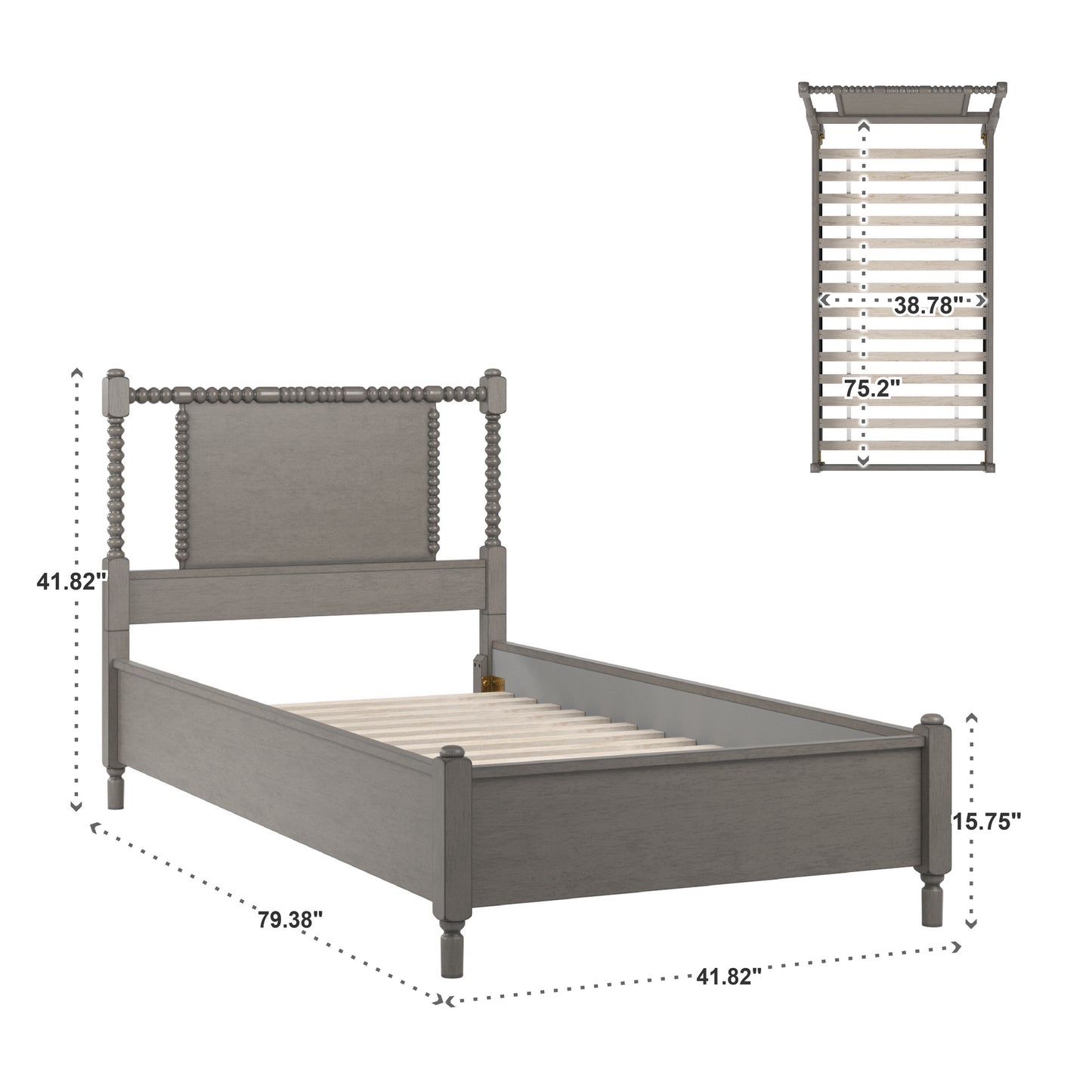 Antique Finish Beaded Wood Platform Bed - Antique Grey, Twin Size