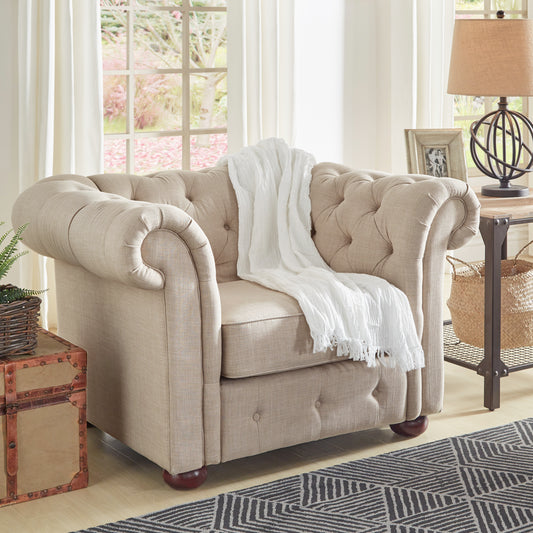 Tufted Scroll Arm Chesterfield Chair - Beige Linen
