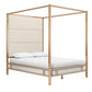 Metal Canopy Bed with Linen Panel Headboard - Off-White Linen, Champagne Gold Finish, Queen Size