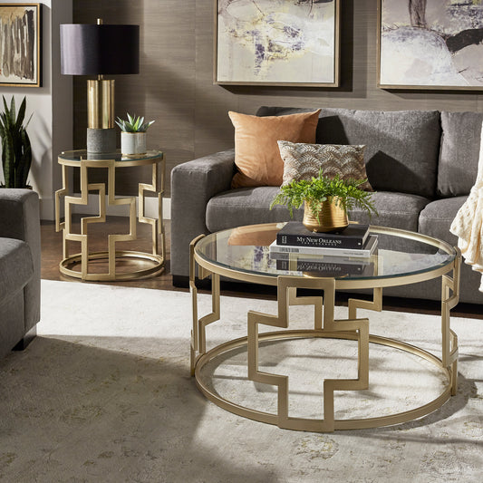 Matte Gold Finish, Clear Glass Top Table Set - End Table and Coffee Table