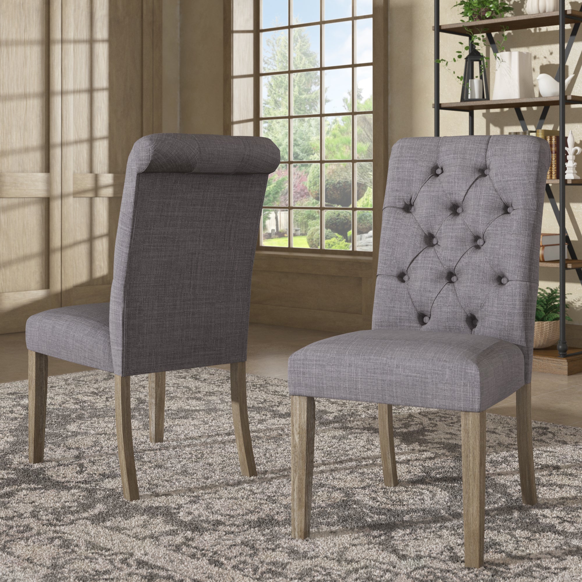 Tufted Rolled Back Parsons Chairs (Set of 2) - Grey Finish, Grey Linen ...