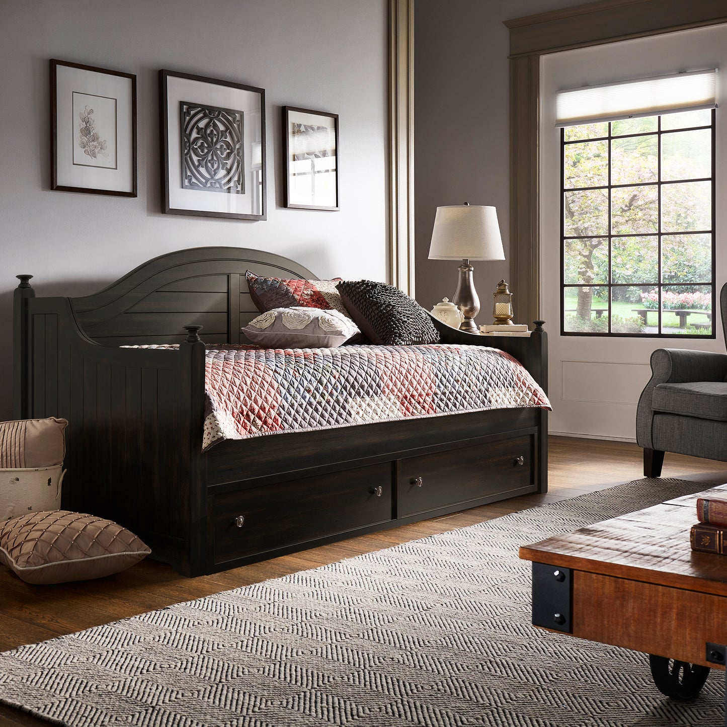 Traditional Paneled Wood Daybed - Antique Black, With Trundle
