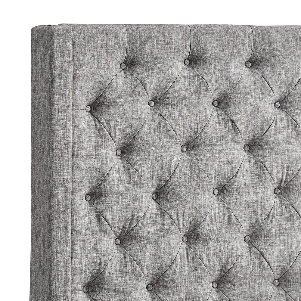Wingback Button Tufted Tall Headboard Bed - Grey Linen, Queen