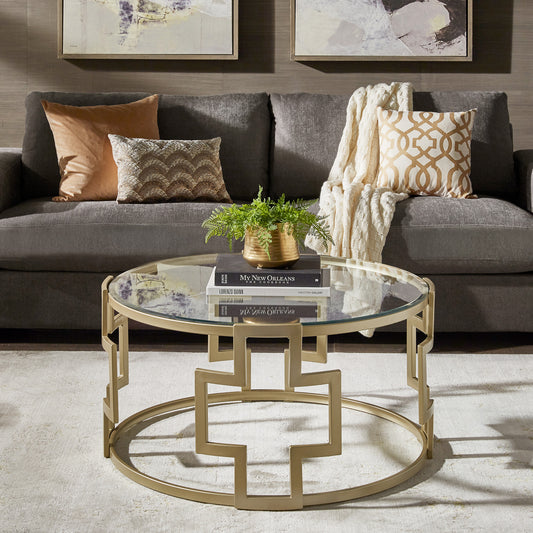 36" Glass Coffee Table - Matte Gold Finish, Clear Glass Top