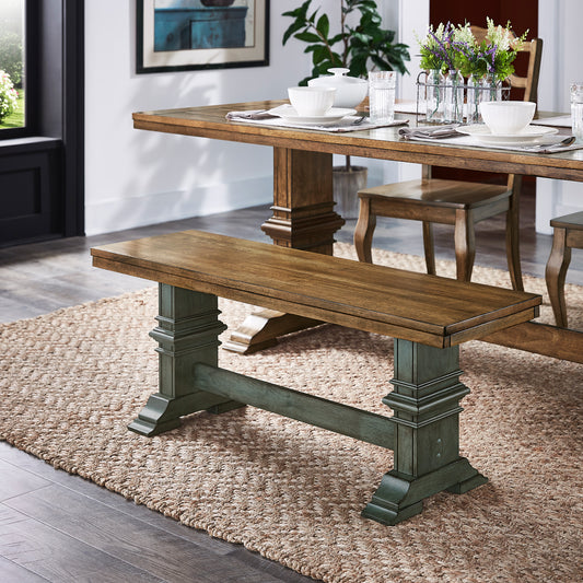 Two-Tone Trestle Leg Wood Dining Bench - Oak Top with Antique Sage Green Base