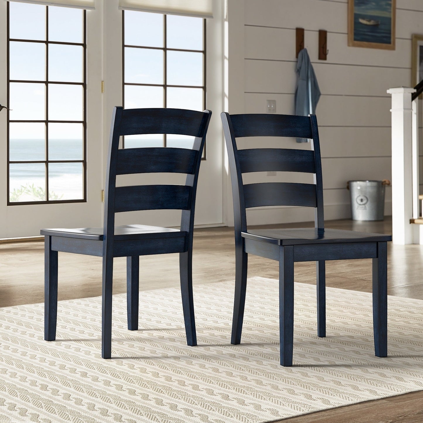 Two-Tone Round 5-Piece Dining Set - Antique Denim Finish, Ladder Back Chairs