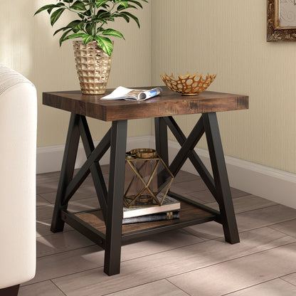 Rustic X-Base End Table with Shelf - Brown Finish