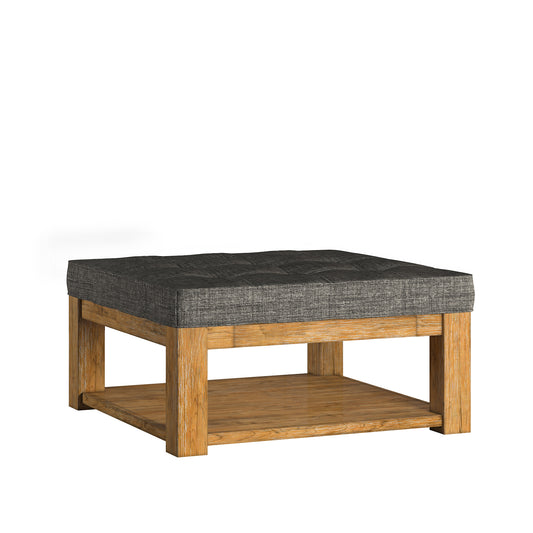Pine Square Storage Ottoman Coffee Table - Grey Linen, Dimpled Tufts