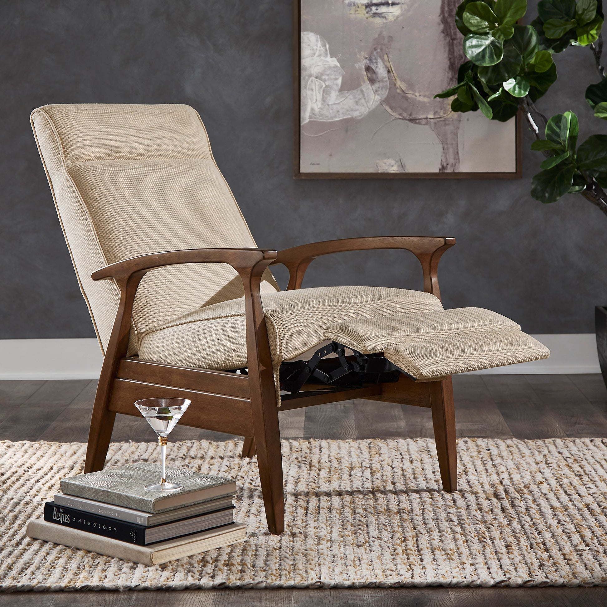 Wide Mid-Century Modern Recliner Walnut Finish and Beige