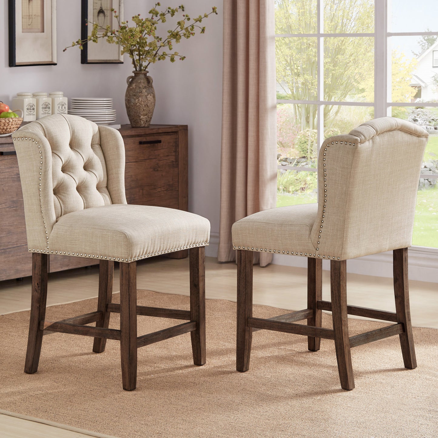 Tufted Linen Wingback Stools (Set of 2) - Beige Linen, Counter Height