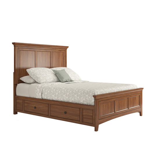 Wood Panel Platform Storage Bed - Oak Finish, 2 Sides of Storage with 4 Drawers, Queen Size