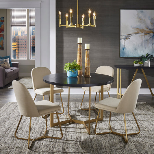 4-Person Gold Metal Base Dining Set - Black Round Table and Beige Linen Chairs