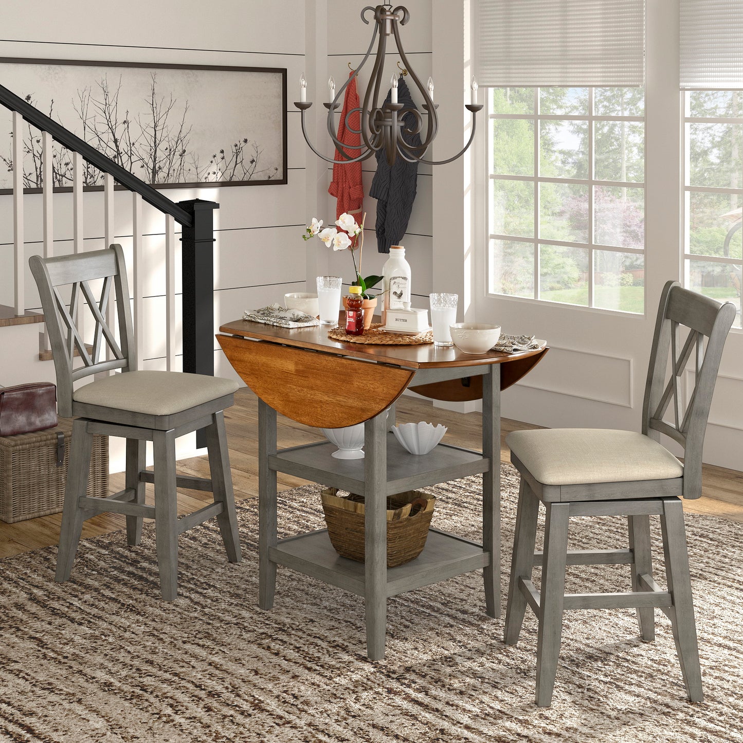 Antique Finish Drop Leaf Round Counter Height Dining Set - Antique Grey, Spindle Back Swivel Chair, 3-Piece