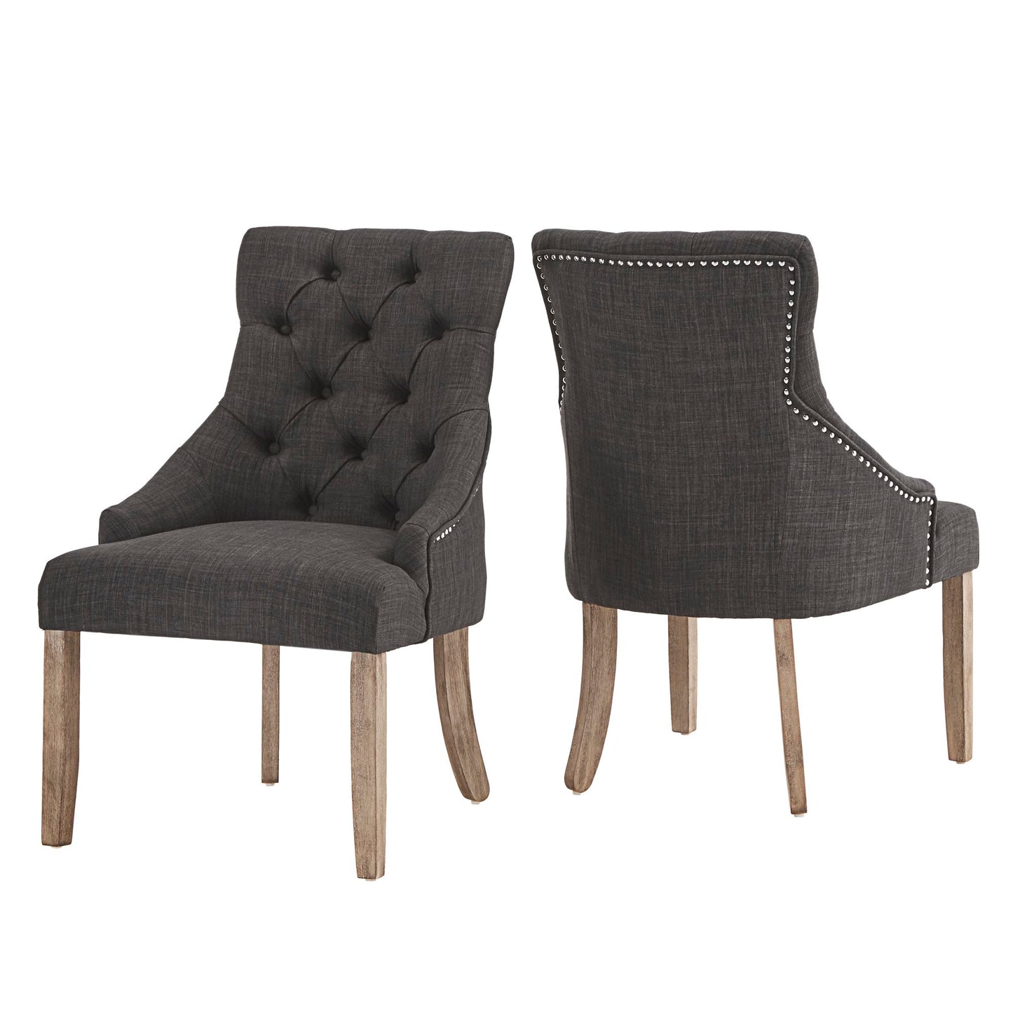 Round 7-Piece Dining Set with Wingback Chairs - Grey Finish, Dark Grey Linen