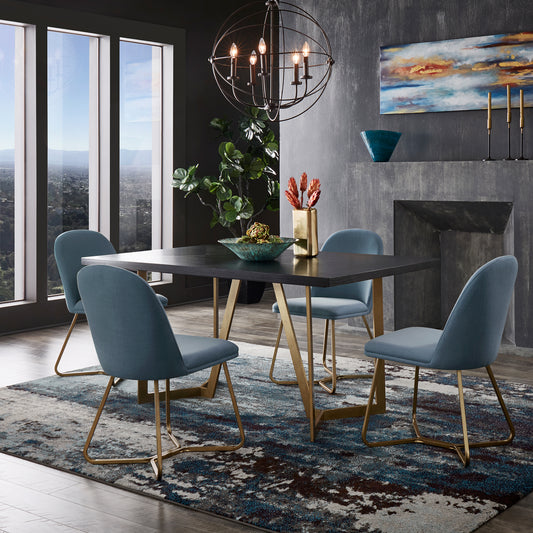Black and Distressed Gold Finish Dining Set - 5-Piece Set, Peacock Blue Upholstered Chairs