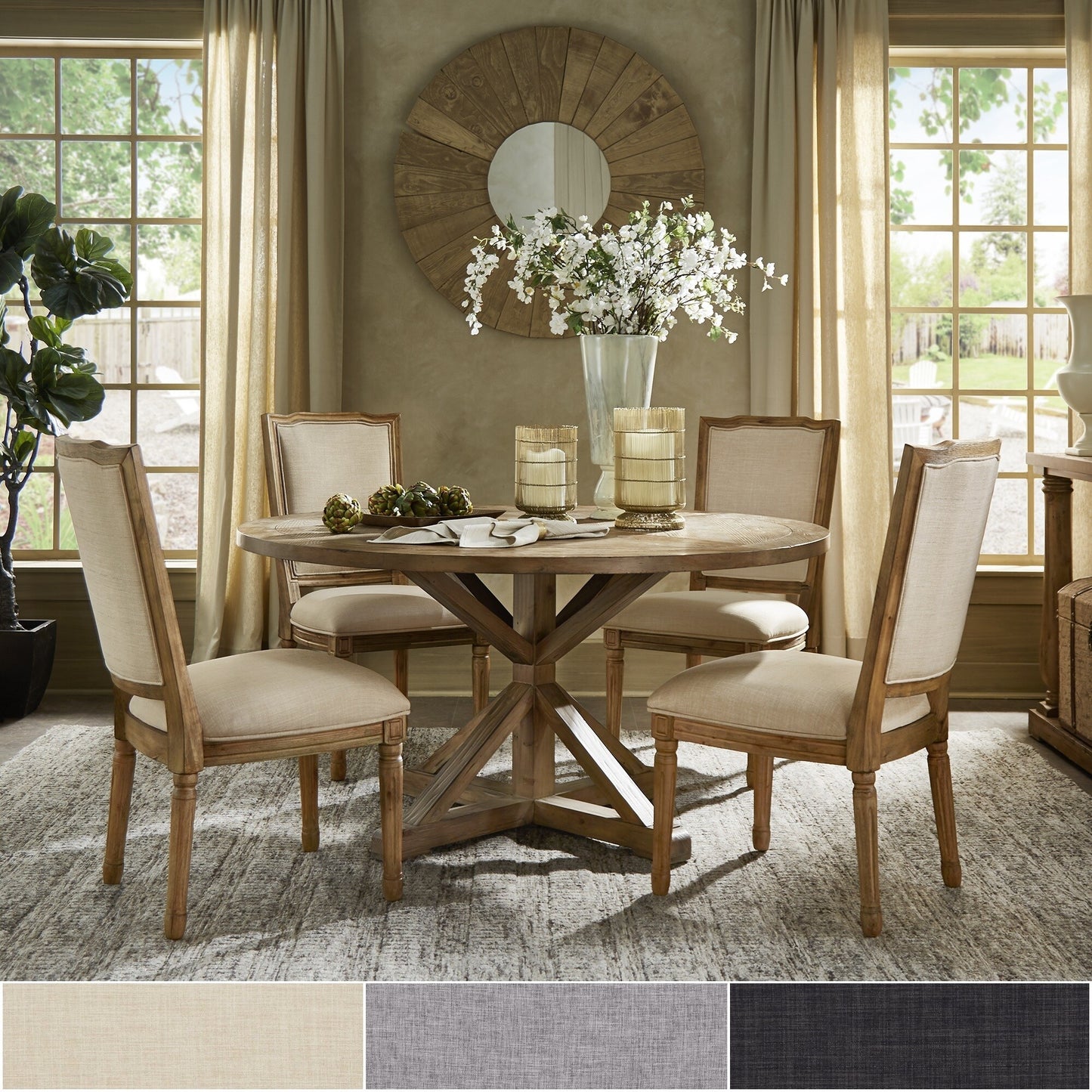 Round 5-Piece Dining Set - Dark Grey Linen, Ornate Chair Backs