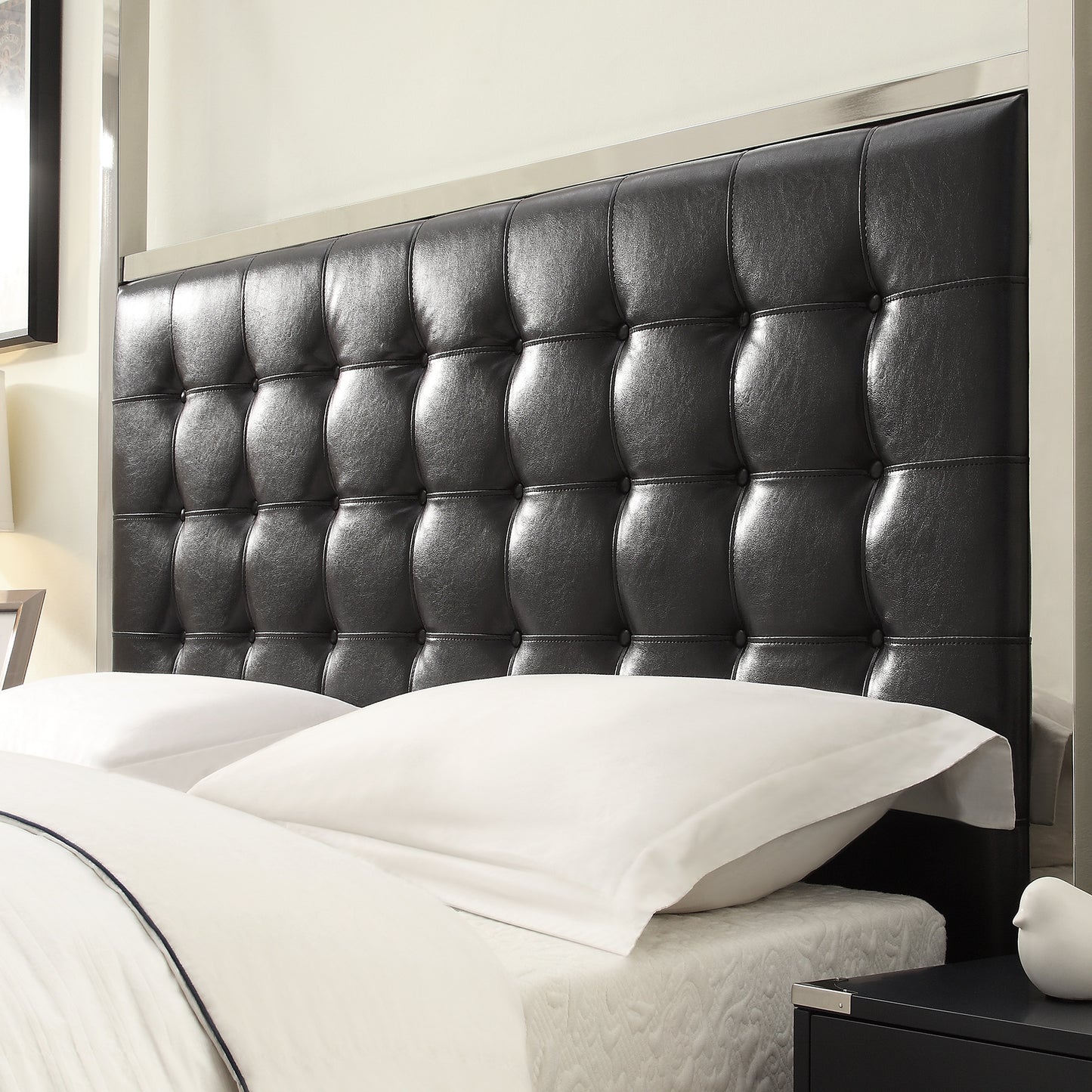 Metal Canopy Bed with Upholstered Headboard - Black Bonded Leather, Chrome Finish, Queen Size