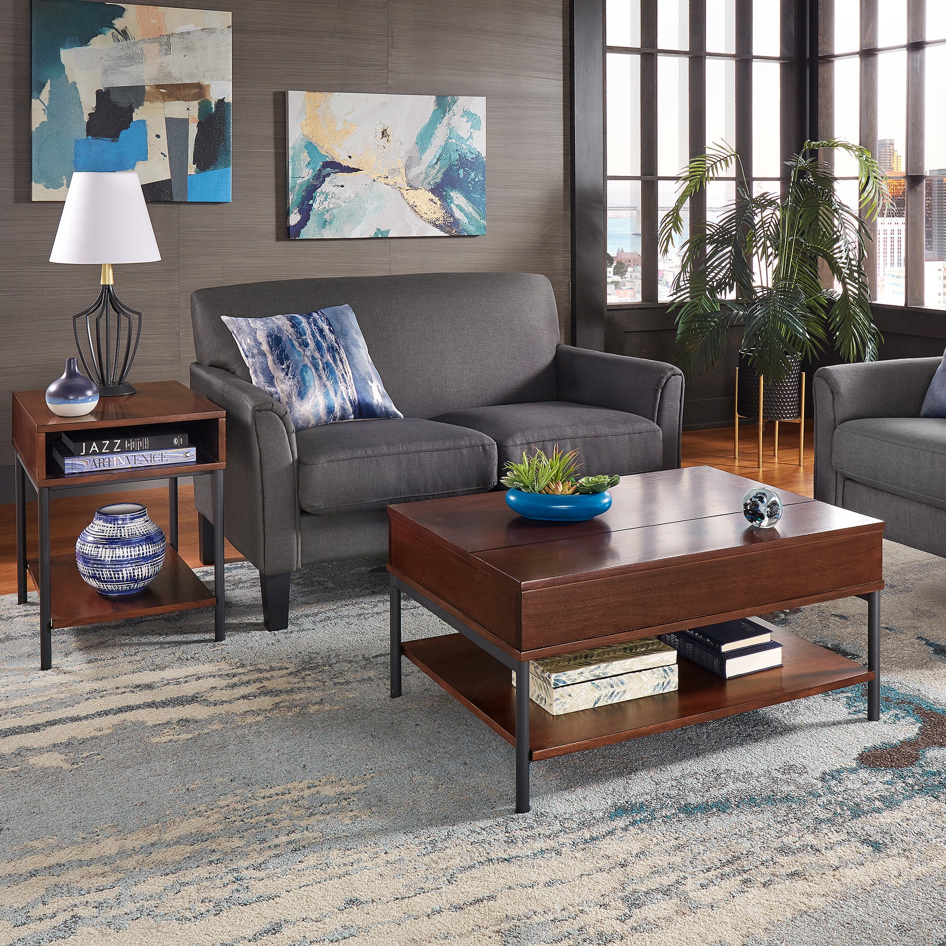 Two-Tone Lift-Top Rectangular Tables - Walnut Finish, End Table