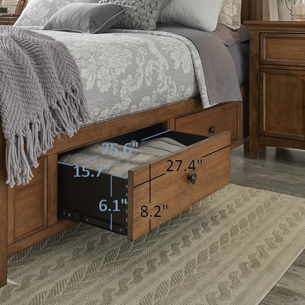 Wood Panel Platform Storage Bed - Antique Grey Finish, 2 Sides of Storage with 4 Drawers, Queen Size