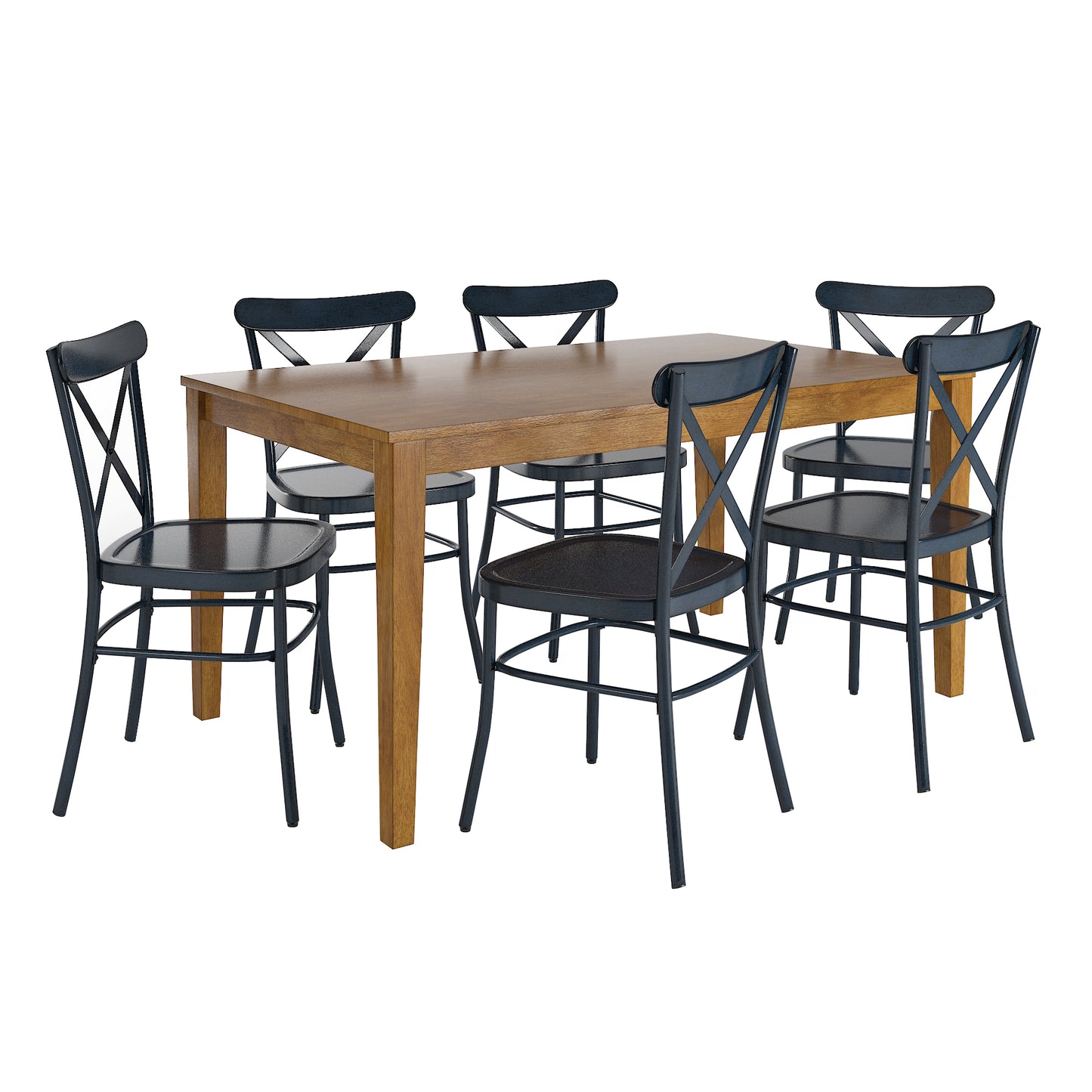 Oak Wood Finish Rectangle Dining Set - Antique Denim Finish, 60" Rectangular Table, 7-Piece Set