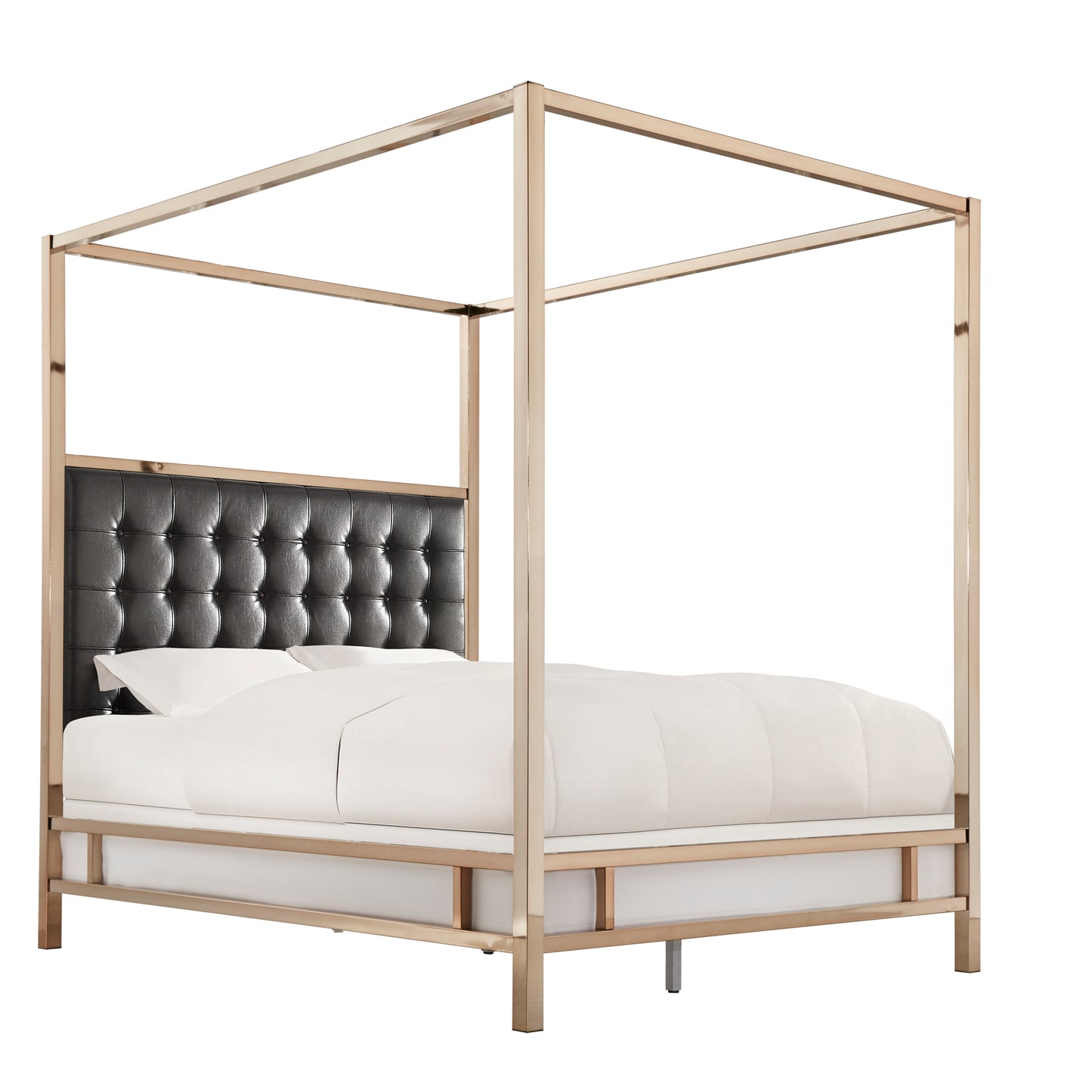 Metal Canopy Bed with Upholstered Headboard - Black Bonded Leather, Champagne Gold Finish, Queen Size