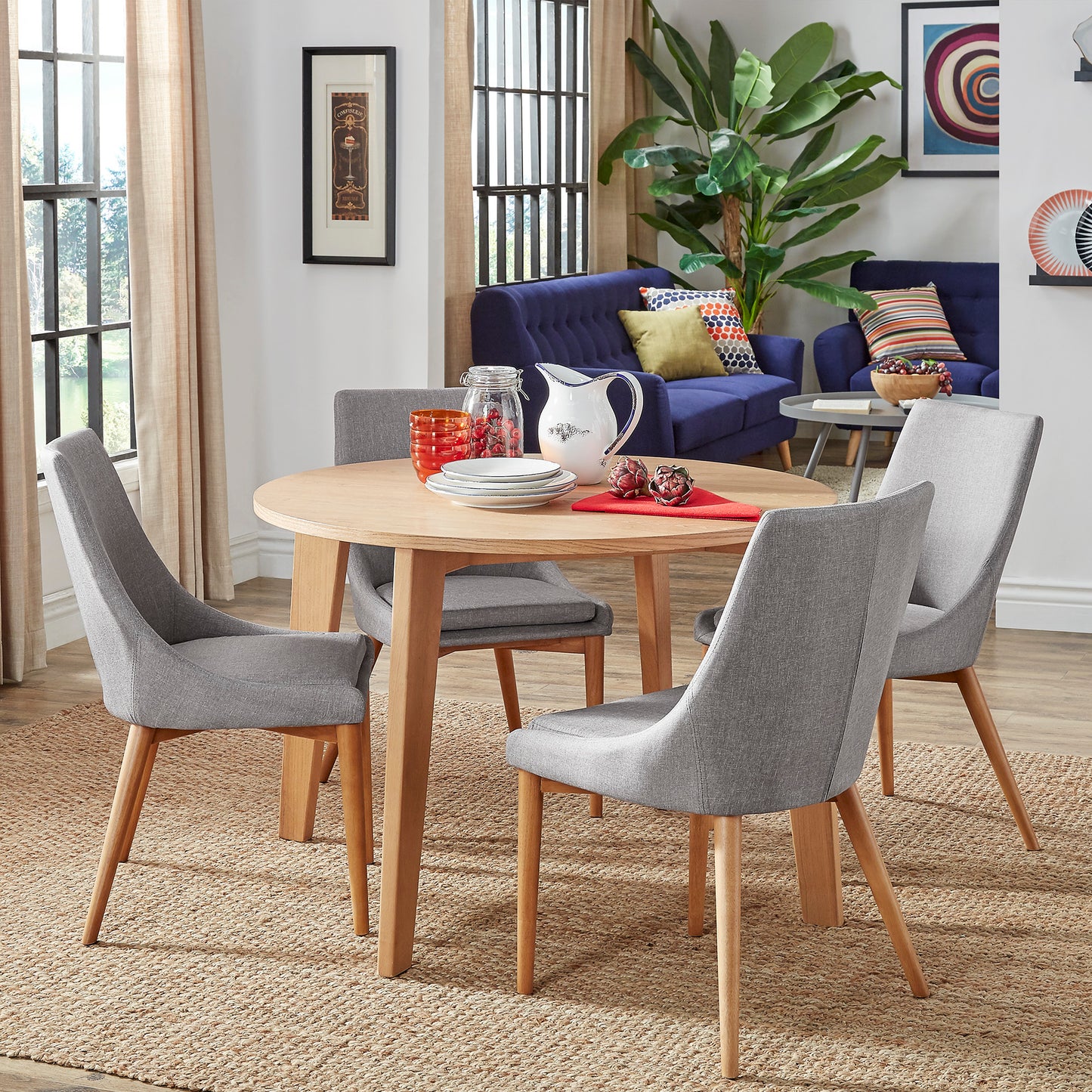 Round Dining Table Set - Light Oak Table, Grey Linen Chairs, 5-piece