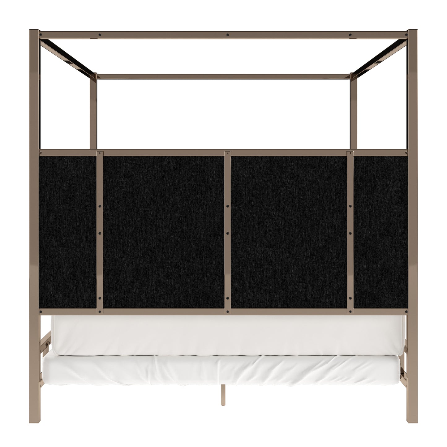 Metal Canopy Bed with Upholstered Headboard - Grey Linen, Champagne Gold Finish, King Size