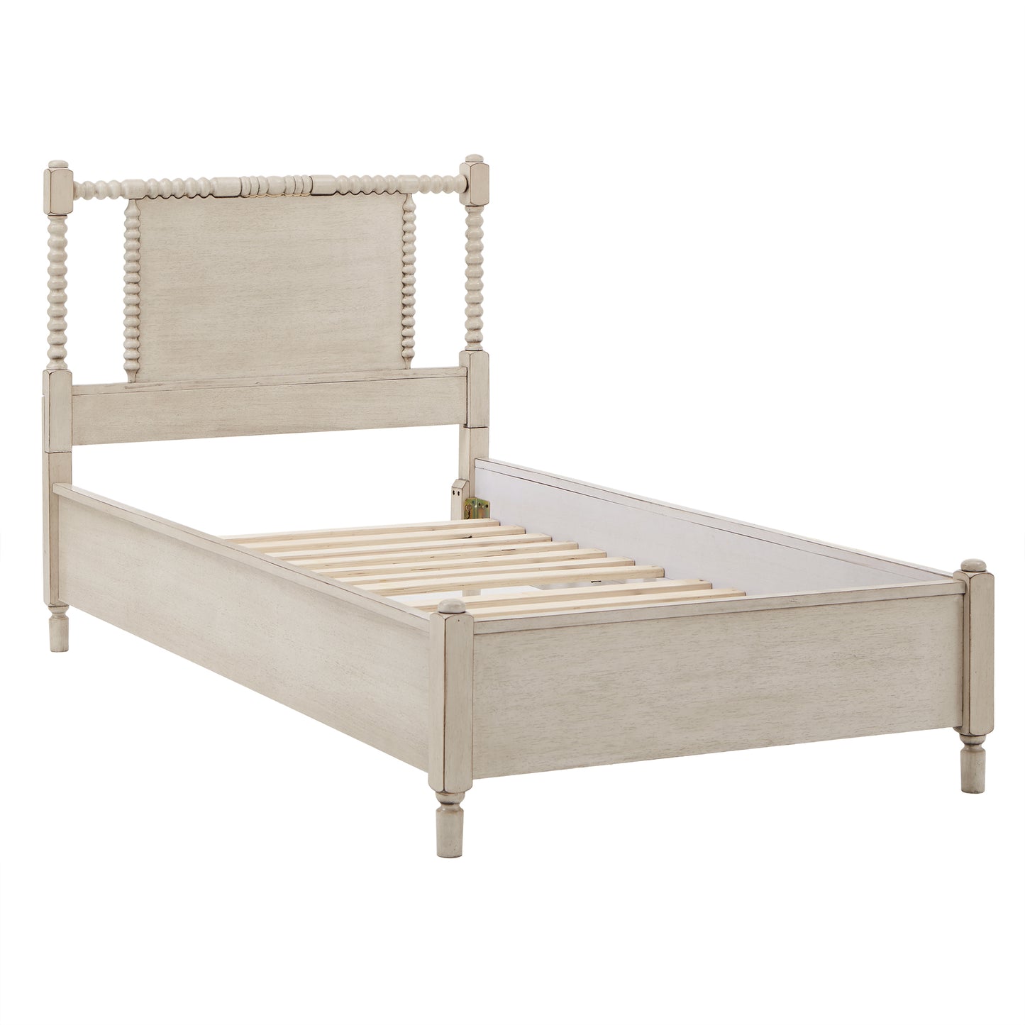 Antique Finish Beaded Wood Platform Bed - Antique White, Twin Size