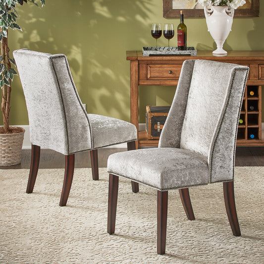 Wingback Dining Chairs (Set of 2) - Silver Grey Crush Velvet Fabric