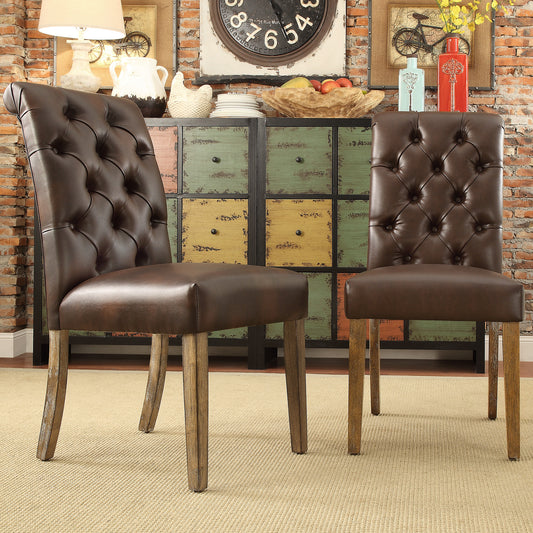 Premium Tufted Rolled Back Parsons Chairs (Set of 2) - Brown Bonded Leather