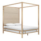 Metal Canopy Bed with Linen Panel Headboard - Off-White Linen, Champagne Gold Finish, Queen Size