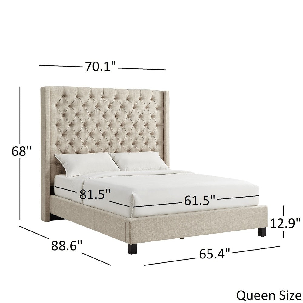 Wingback Button Tufted Tall Headboard Bed - Grey Linen, Queen
