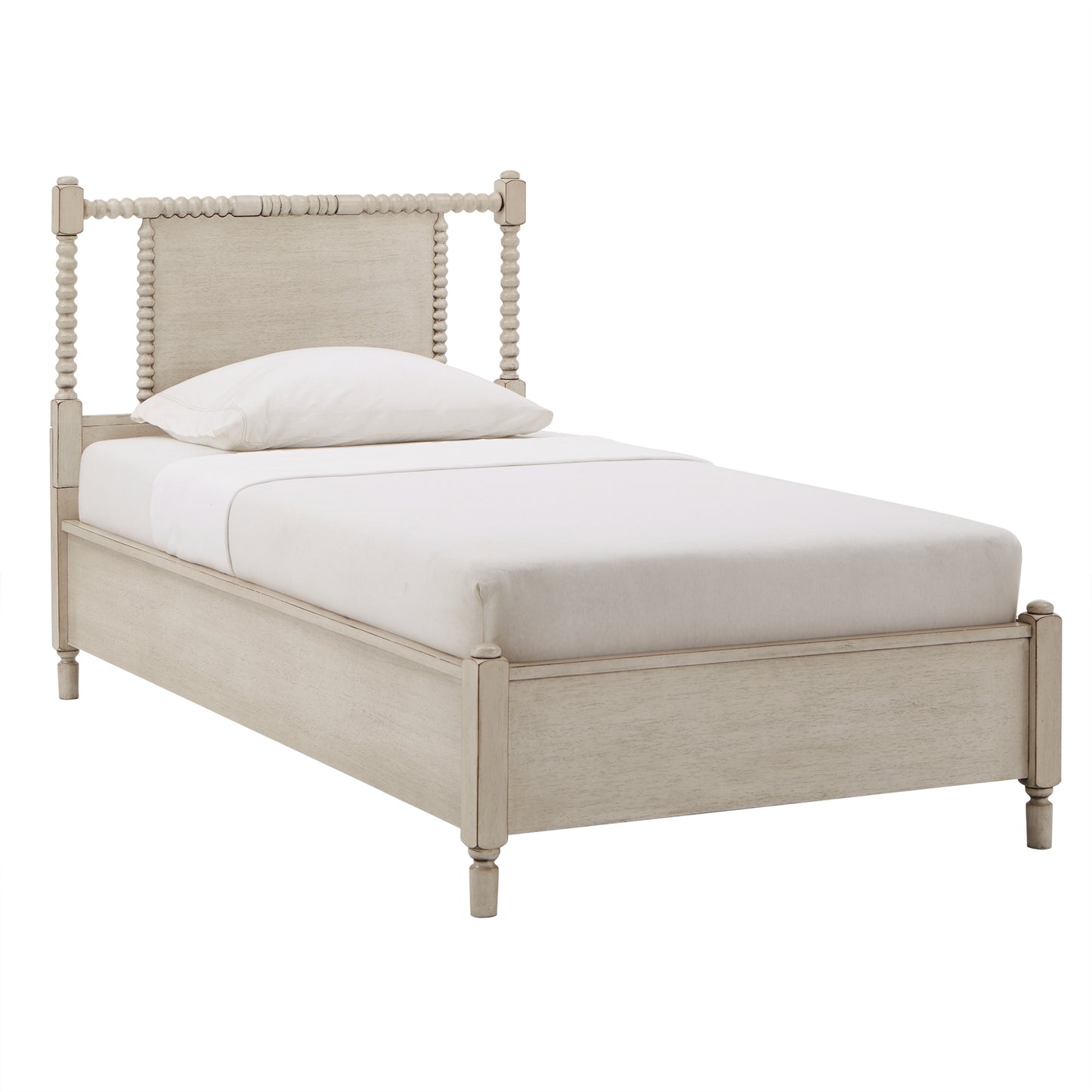 Antique Finish Beaded Wood Platform Bed - Antique White, Twin Size