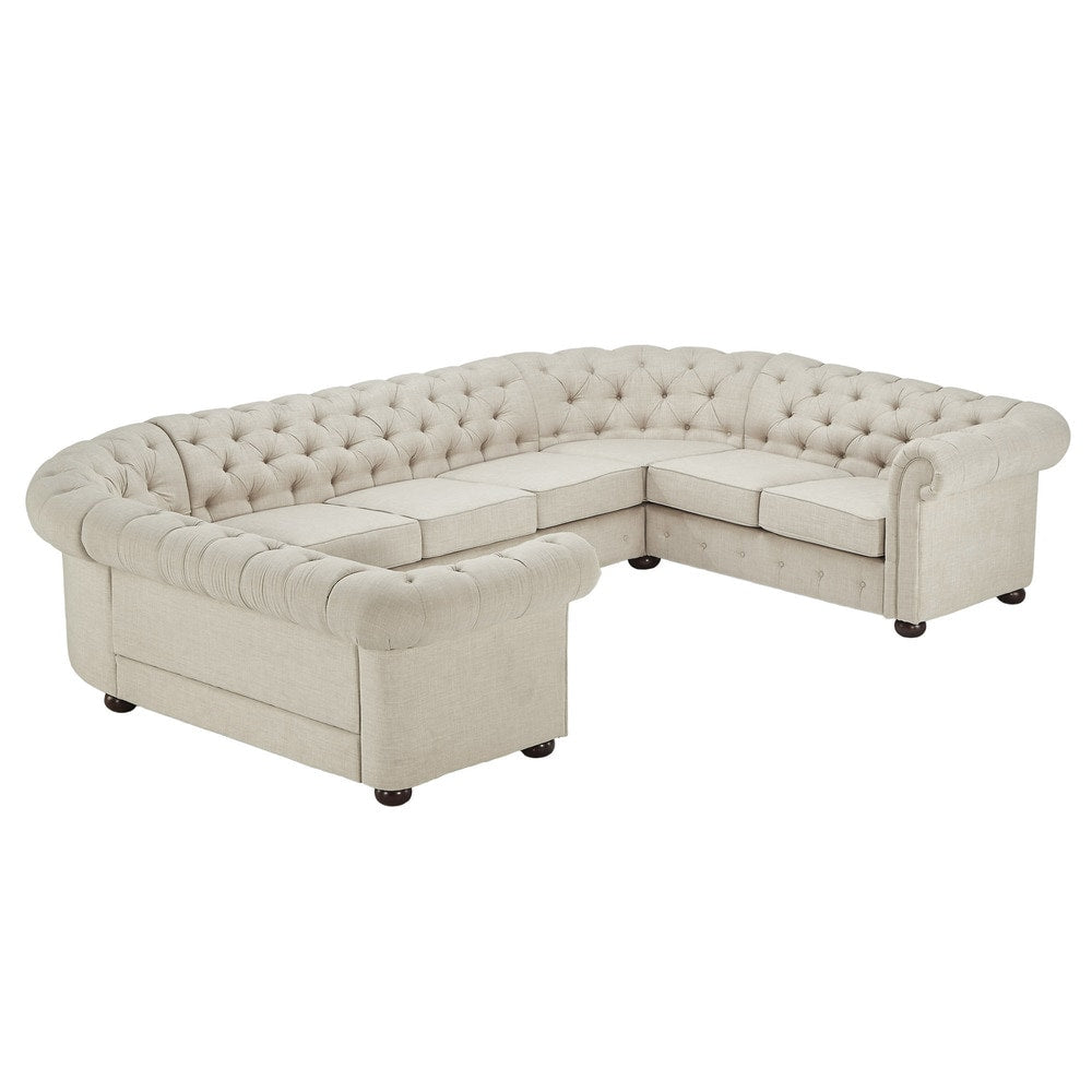 9-Seat U-Shaped Chesterfield Sectional Sofa - Beige Linen