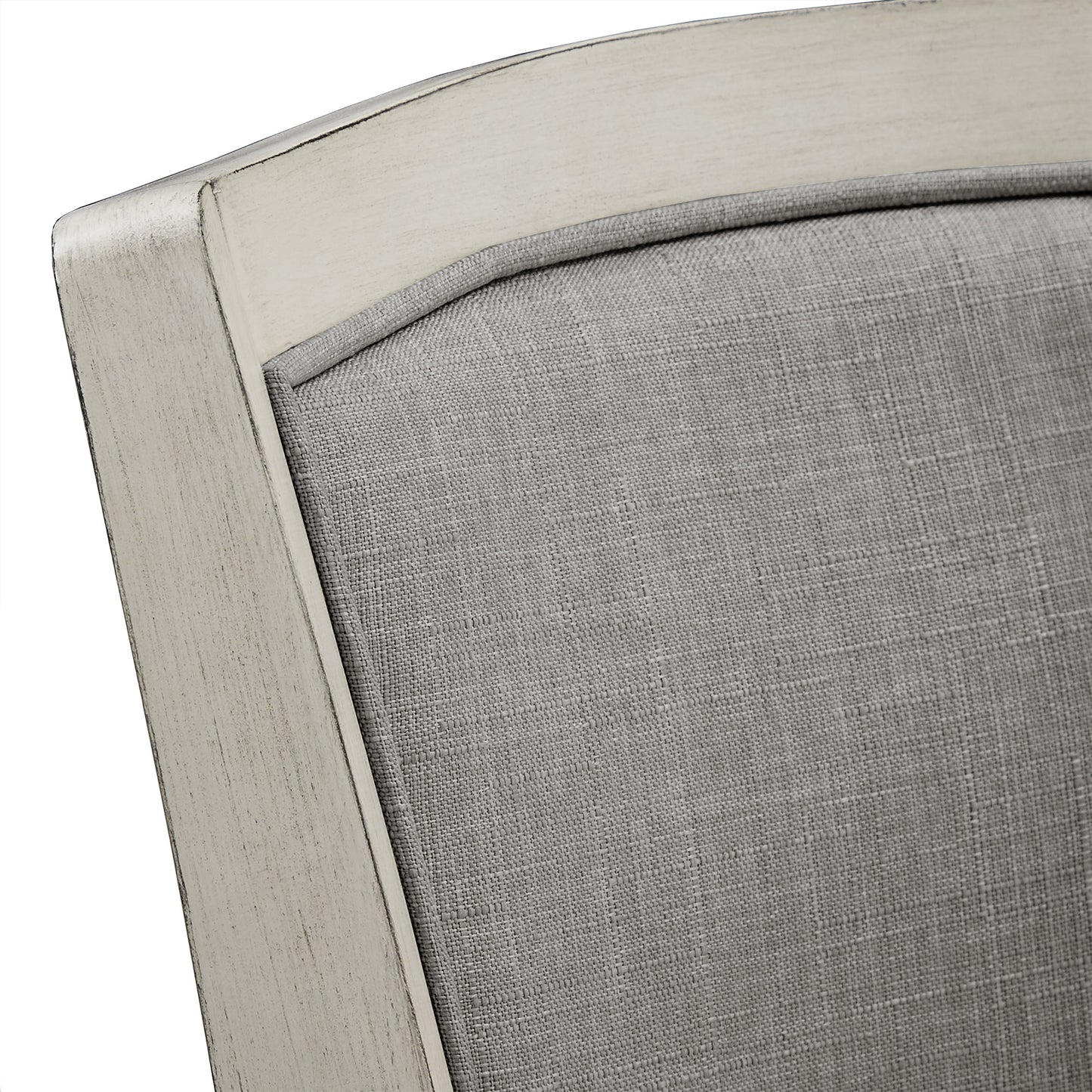 Upholstered Back Swivel Stool - 29" Bar Height, Antique White Finish, Grey Linen