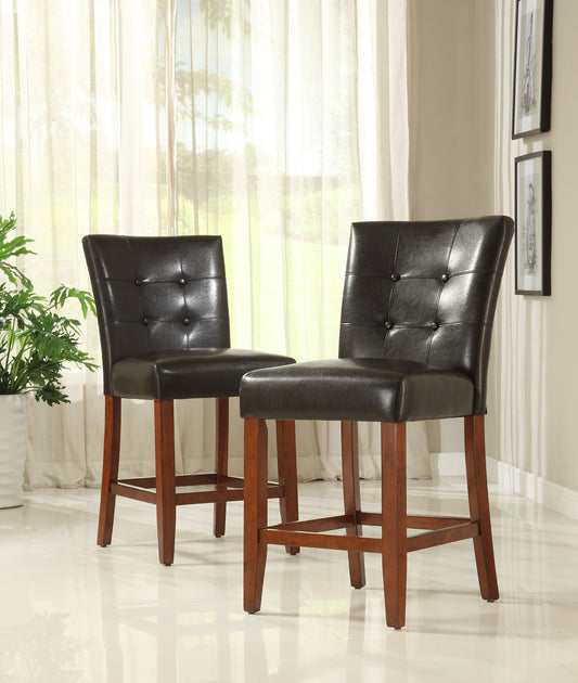 Tufted High Back Counter Height Stools (Set of 2) - Cherry Finish, Dark Brown Faux Leather