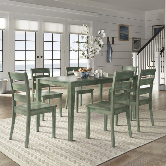 60-inch Rectangular Antique Sage Green Dining Set - Ladder Back Chairs, 7-Piece Set