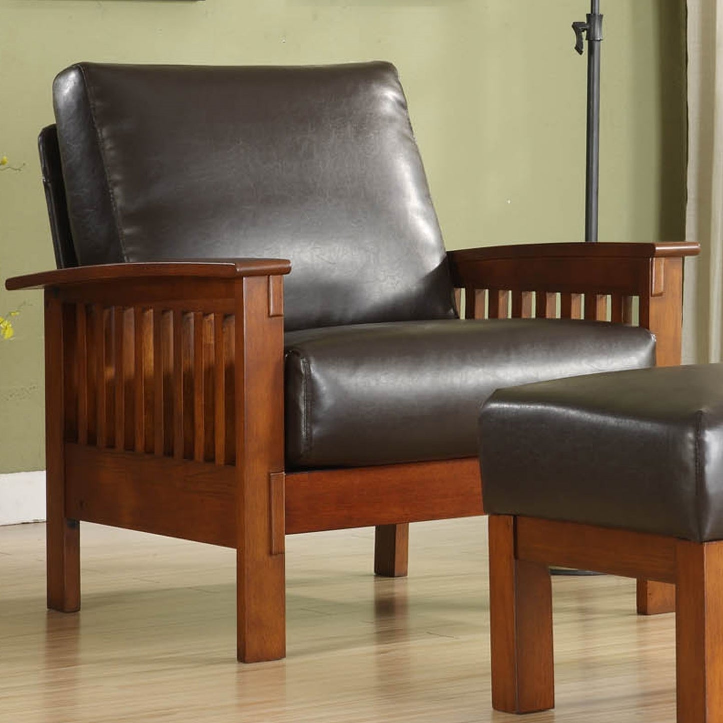 Mission-Style Wood Accent Chair Dark Brown Faux Leather, Oak