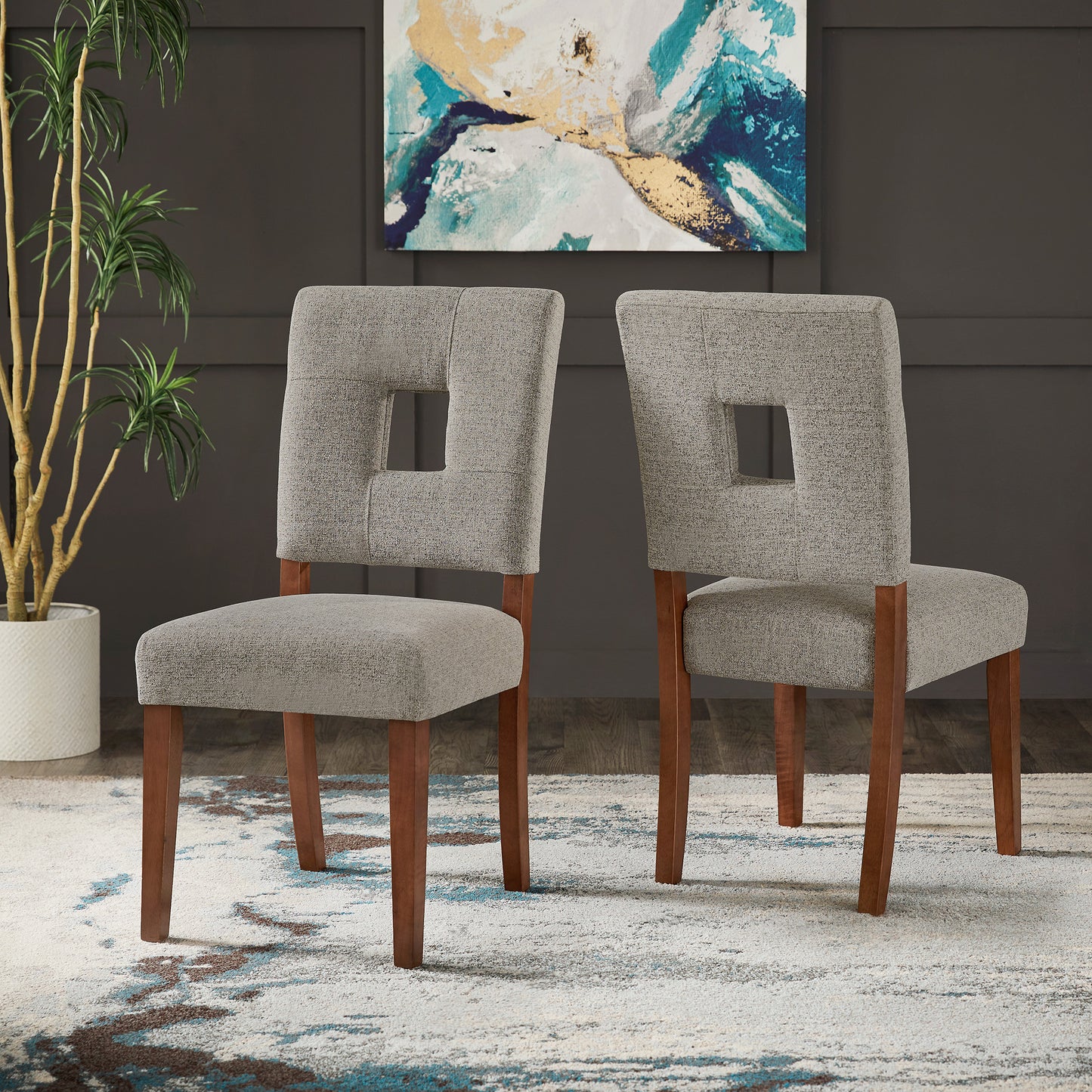 Upholstered Fabric Keyhole Dining Chairs (Set of 2) - Light Grey
