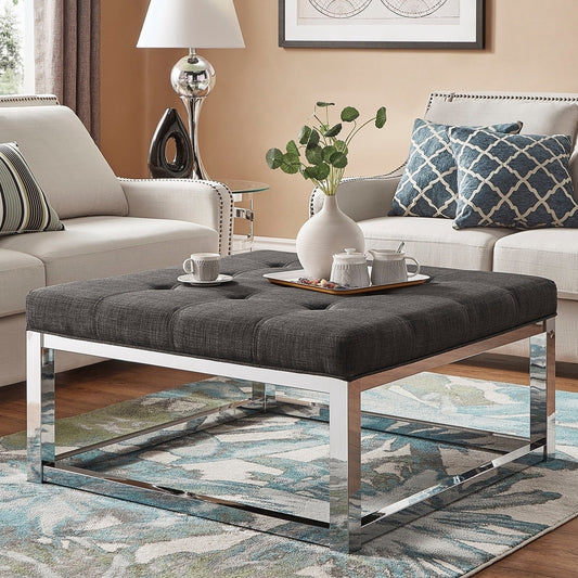 Chrome Square Base Ottoman - Dark Grey Linen, Dimpled Tufts