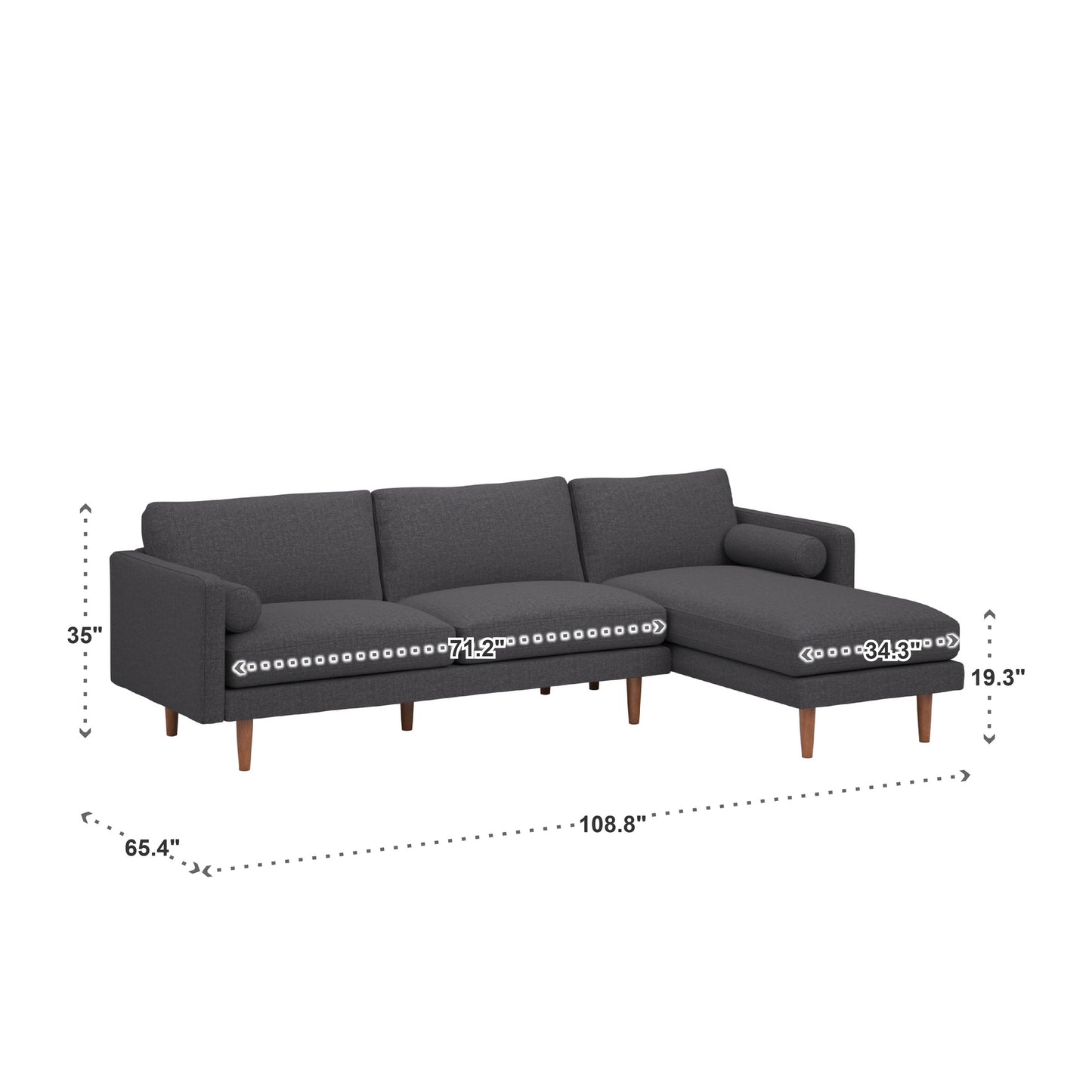 Mid-Century Upholstered Sectional Sofa - Black, 3-Seat Sectional with Right-Facing Chaise