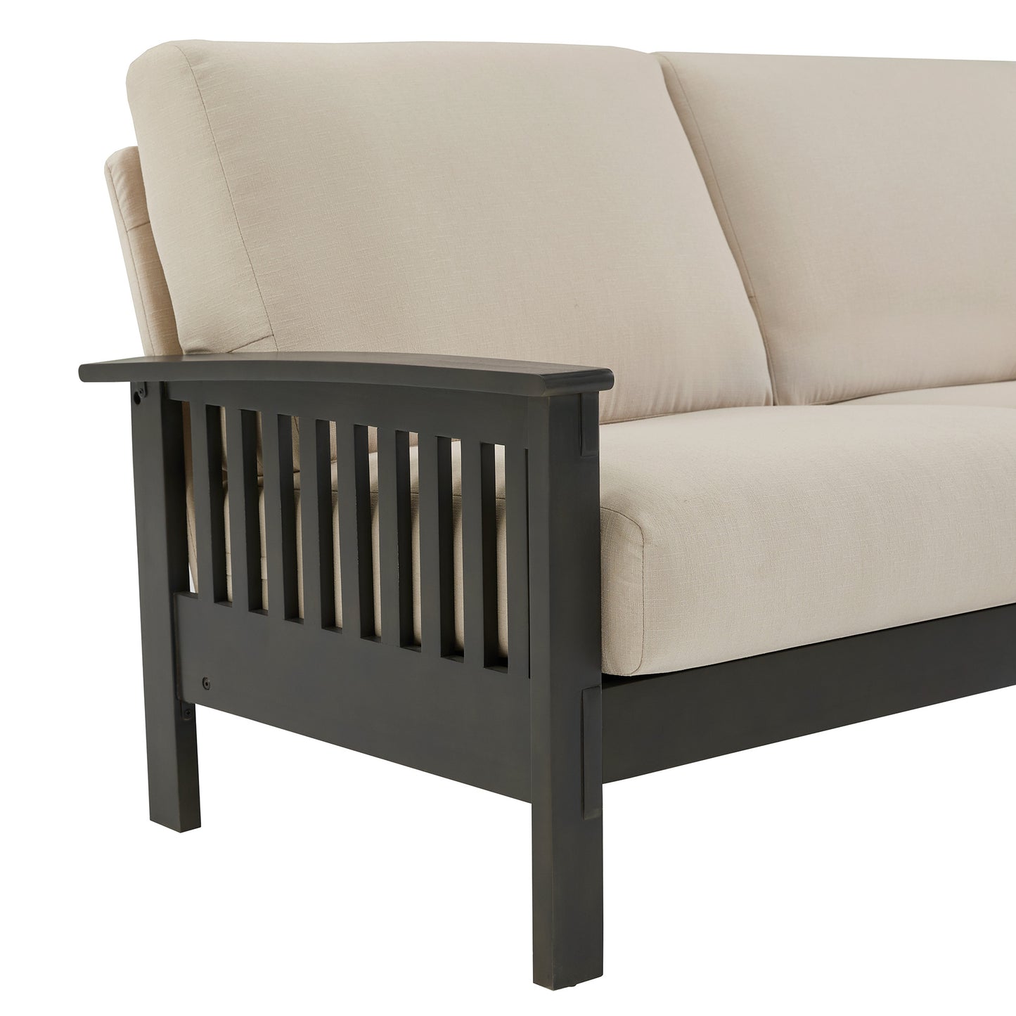 Mission-Style Wood Sofa - Beige Linen, Dark Grey Finish