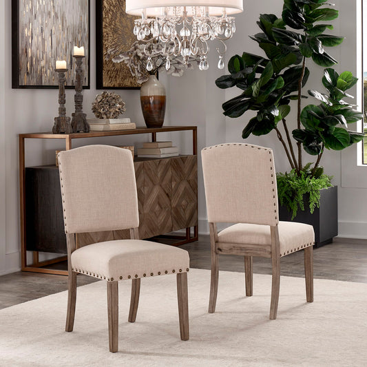 Linen Nailhead Chairs (Set of 2) - Antique Grey Finish, Beige Linen